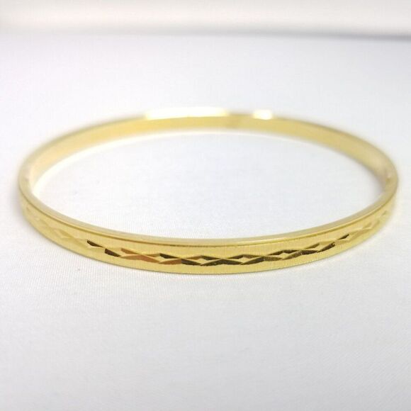 Vintage Crown Trifari Gold Tone Skinny Diamond Pattern Bangle Bracelet, Estate - Picture 7 of 8